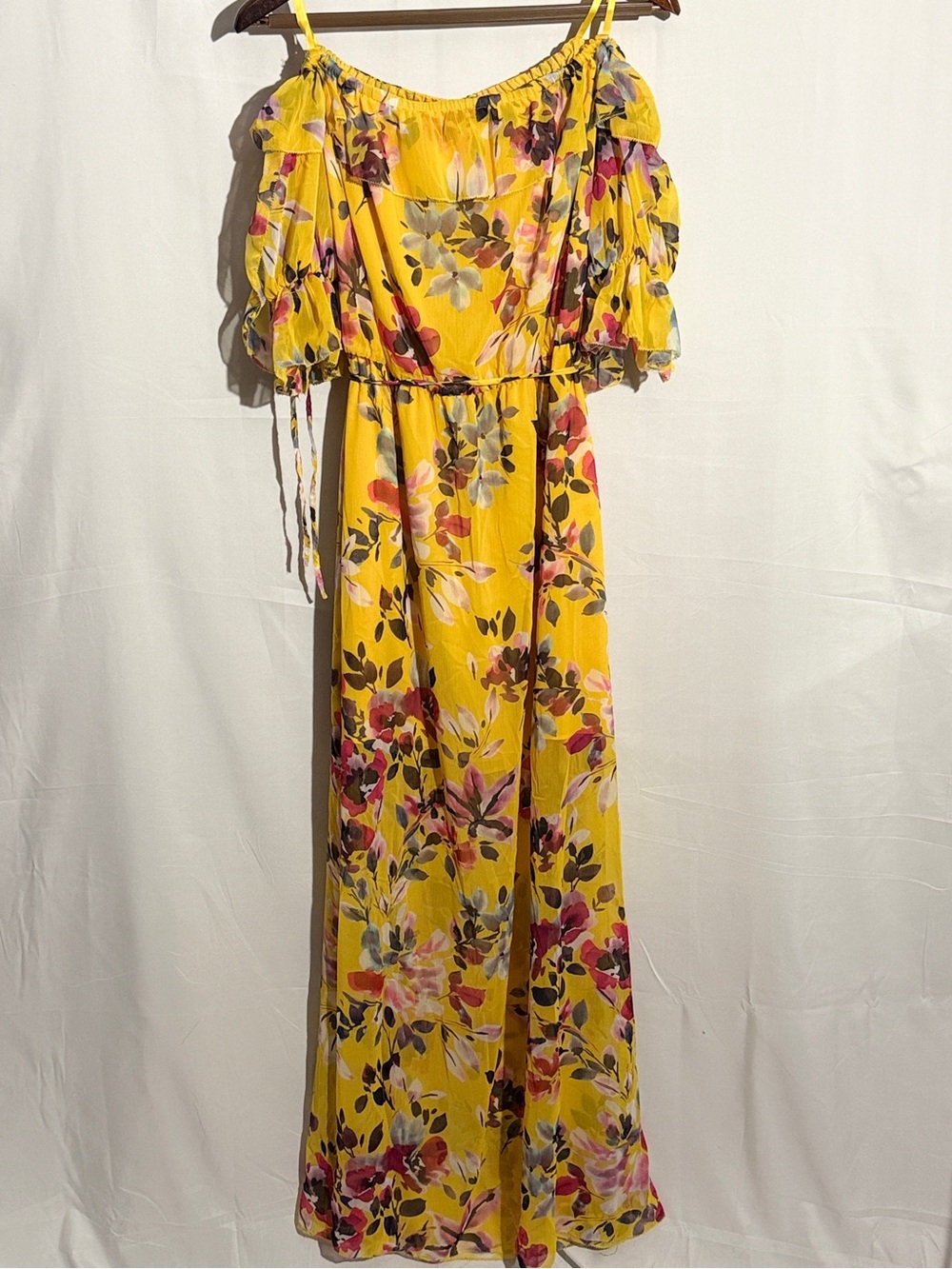 French Connection Linosa Yellow Floral Off Shoulder Maxi Dress US 6